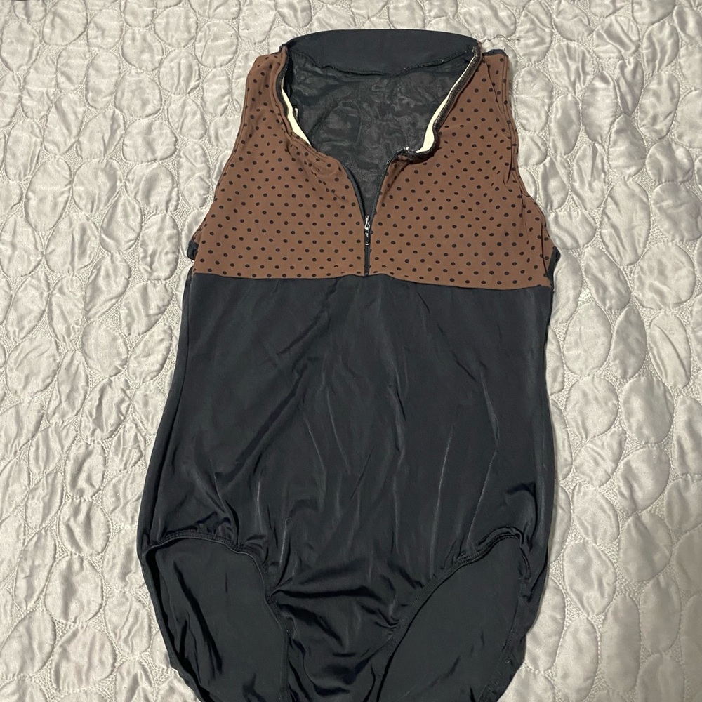 Cute half-zip brown and black polka-dotted leotard, adult size small